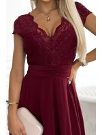 381-5 LINDA - Šifónové šaty s čipkovým výstrihom - Bordeaux