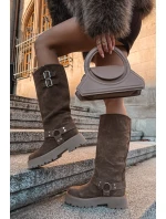 Kožené semišové dámské kozačky s přezkami zateplené Big Star OO274A182 béžové