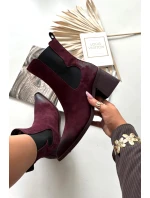 Skórzane Zamszowe Botki Damskie Na Słupku Ocieplane Artiker 57C0048 Bordowe