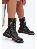 Lakierowane Botki Workery Damskie Ze Złotym Detalem Ocieplane Czarne Dorialine