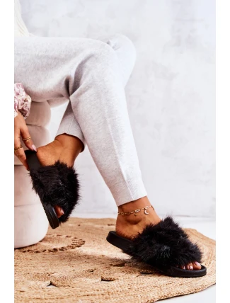 Klapki Z Futerkiem Gumowe Czarne Pollie