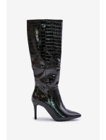 Kozaki Na Szpilce Z Tłoczeniem Czarne Reanwenna