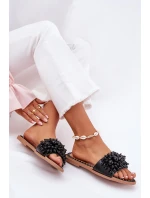 Klapki Damskie Płaskie Z Ozdobnymi Koralikami Czarne Aricca