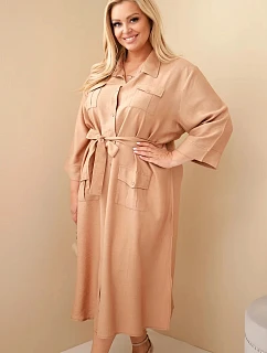 Dámske Plus veľkosť bavlnené košeľové šaty s opaskom Camel farba