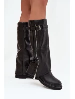 Kozaki Damskie Z Wywiniętą Cholewką Klamrą I Srebrnym Zamkiem Ocieplane Czarne Bressa