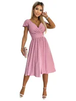 425-2 MATILDE Šaty s hlbokým výstrihom a krátkymi rukávmi - púdrovo ružové s brokátom