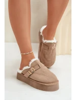 Kapcie Damskie Na Grubej Podeszwie Z Futerkiem I Klamrą Ciemnobeżowe Linneola