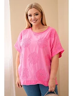 Dámska bavlnená blúzka Plus size s vyšívanými kvetmi ružová Dámska bavlnená blúzka Plus size s vyšívanými kvetmi ružová