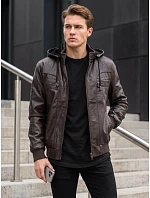 Pánska kožená zateplená bunda s kapucňou, hnedá, FashionStreet TX5137