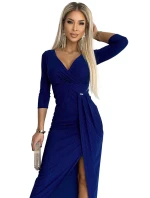 404-8 Dlhé trblietavé šaty s výstrihom a rozparkom na nohách - CHABRA s trblietkami