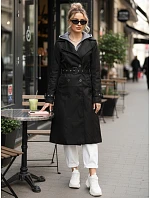 Dámsky dvojradový kabát s kapucňou čierny FashionStreet TY5654