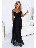 680-1 Brokátové maxi šaty na ramienkach s výstrihom do V – čierne 680-1 Brokátové maxi šaty na ramienkach s výstrihom do V – čierne
