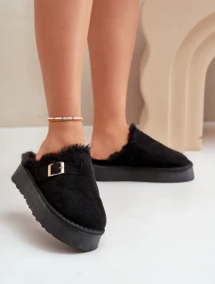 Kapcie Damskie Na Grubej Podeszwie Z Futerkiem I Klamrą Czarne Linneola