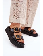 Eko Skórzane Klapki Damskie Na Platformie Z Klamrami Czarne Xanivia