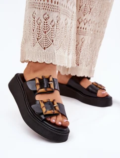 Eko Skórzane Klapki Damskie Na Platformie Z Klamrami Czarne Xanivia