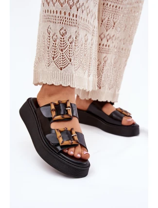 Eko Skórzane Klapki Damskie Na Platformie Z Klamrami Czarne Xanivia