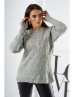 Sveter nasadený cez hlavu s módnou väzbou šedý