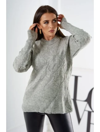 Sveter nasadený cez hlavu s módnou väzbou šedý