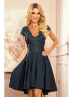 300-5 PATRICIA - šaty s dlhším zadným dielom a čipkovým výstrihom - BOTTLE GREEN