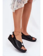 Skórzane Sandały Damskie Na Koturnie I Platformie S.Barski KV51-020 Czarne