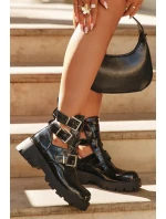 Lakierowane Botki Damskie Z Paskami I Srebrnymi Klamrami Czarne Helisse
