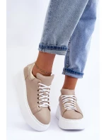 Damskie Buty Sportowe Skórzane na Platformie Beżowe Lemar 10150