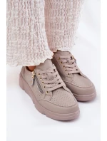 Skórzane Buty Sportowe Sneakersy Na Platformie Z Zamkiem Vinceza 88019 Ciemnobeżowe