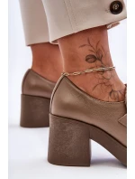 Skórzane Półbuty Na Słupku Z Ozdobą Ciemnobeżowe Lemar Gelanor