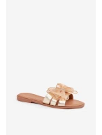 Klapki Damskie Na Płaskim Obcasie Z Tiulową Kokardą Złote Tanira