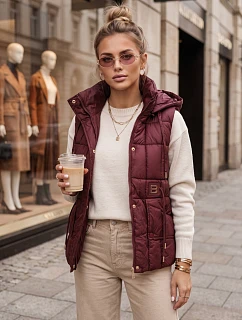Dámska prešívaná vesta s kapucňou, bordová, FashionStreet TY5974