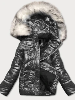 Čierna dámska krátka zimná kockovaná bunda (16m9052-392)