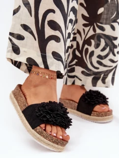 Klapki Damskie Na Platformie Z Ozdobnymi Kwiatkami Czarne Tessara