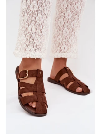 Dámské nazouváky na ploché podrážce s pásky a zlatou sponou Bežové Elzora