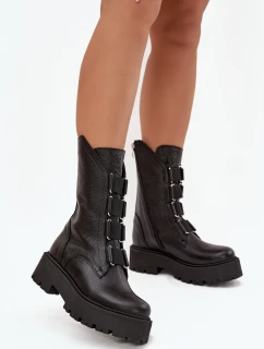 Botki Damskie Z Naturalnej Skóry Na Platformie Zazoo 3795 Czarne