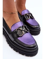 Półbuty Loafersy Damskie Skórzane Na Płaskim Obcasie Czarno-Fioletowe Elkiza