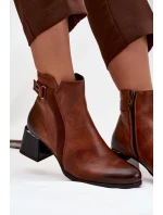 Skórzane Botki Damskie Na Obcasie Ocieplane Zazoo 60563 Brązowe