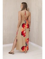 Viskózové šaty viazané okolo krku camel