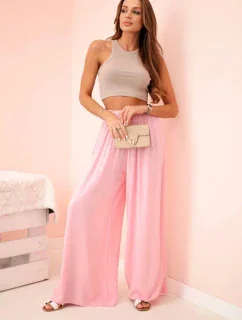 široké dámske nohavice z viskózy s elastickým pásom svetloružové
