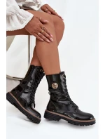 Lakierowane Botki Workery Damskie Ze Złotym Detalem Ocieplane Czarne Dorialine