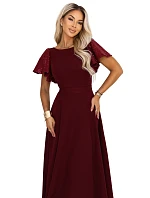 694-3 MIRELLA Elegantné maxi šaty so rozšírenou sukňou a flitrovými rukávmi – vínová 694-3 MIRELLA Elegantné maxi šaty so rozšírenou sukňou a flitrovými rukávmi – vínová