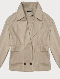 Voľná béžová pruhovaná rebrovaná bunda s golierom (244003)