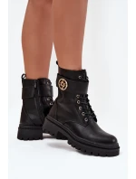 Botki Workery Damskie Ze Złotym Detalem Ocieplane Czarne Fiorena