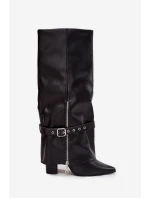 Kozaki Damskie Wsuwane Na Słupku Z Ozdobnym Paskiem Eko Skórzane Czarne Jolivine