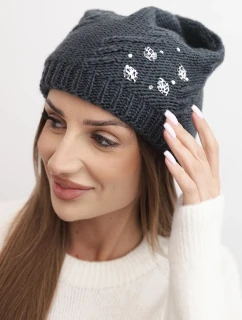 Dámska zimná čiapka z vlny s ozdobnými aplikáciami K468 graphite