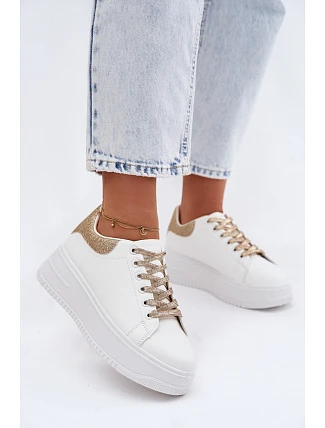 Dámské tenisky na platformě z imitace kůže bílo-zlaté se třpytkami Calinae