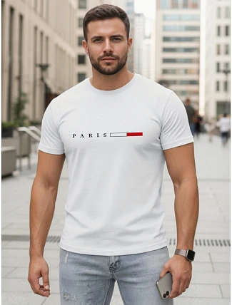 Pánske bavlnené tričko s nápisom PARIS, biele, FashionStreet NX5139R Pánske bavlnené tričko s nápisom PARIS, biele, FashionStreet NX5139R