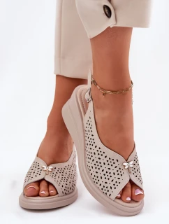 Skórzane Ażurowe Sandały Damskie Na Koturnie Vinceza 79529 Beżowe