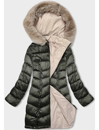 Dámska obojstranná zimná bunda s kapucňou khaki-béžová (B8203-11046)