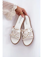 Zdobione Płaskie Klapki Damskie Białe Adivrae