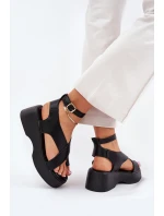 Sandały Damskie Na Platformie I Koturnie Eko Skórzane Czarne Tenzorus